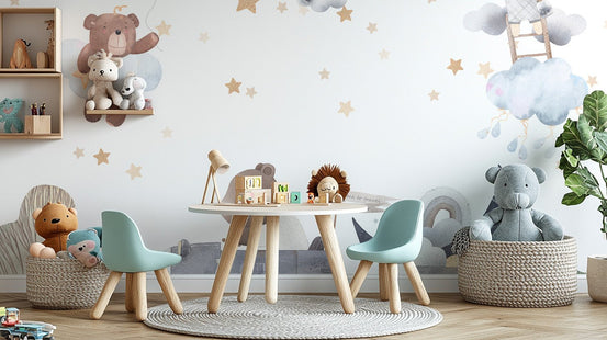 Charming cloud bears wall mural pastel sky teddy design wallpaper.