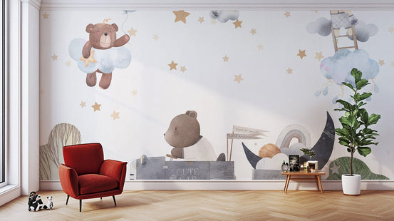 Soft nursery style celestial bears wallpaper wall mural.