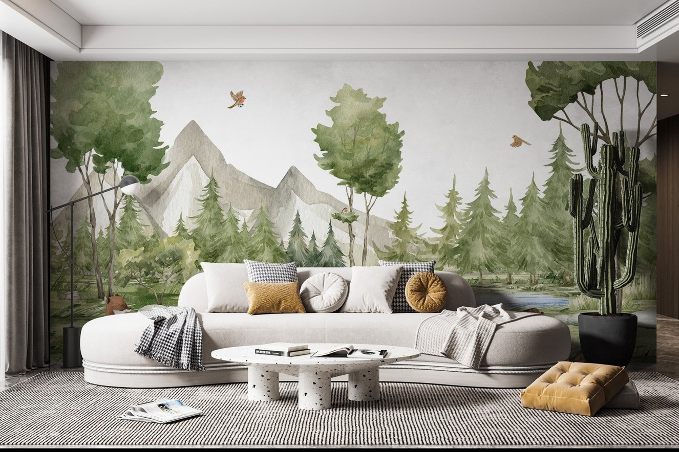 Decorative wall mural featuring animals in a natural grove scene for living room.
