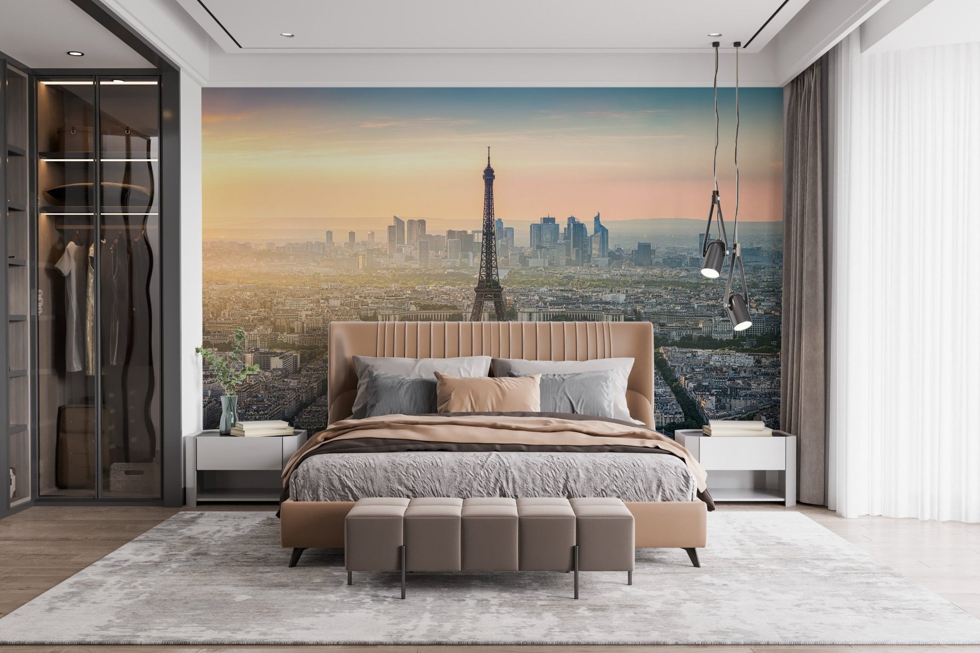 Bedroom feature wall with a scenic Charming Peel and Stick Mural.