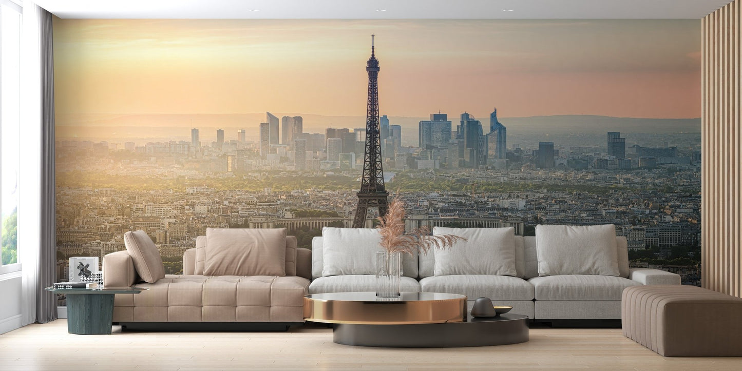 Minimalist living room decorated with a Paris cityscape wall mural.
