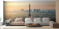 Minimalist living room decorated with a Paris cityscape wall mural.