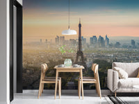 Contemporary dining room with a scenic paris city view wall mural.