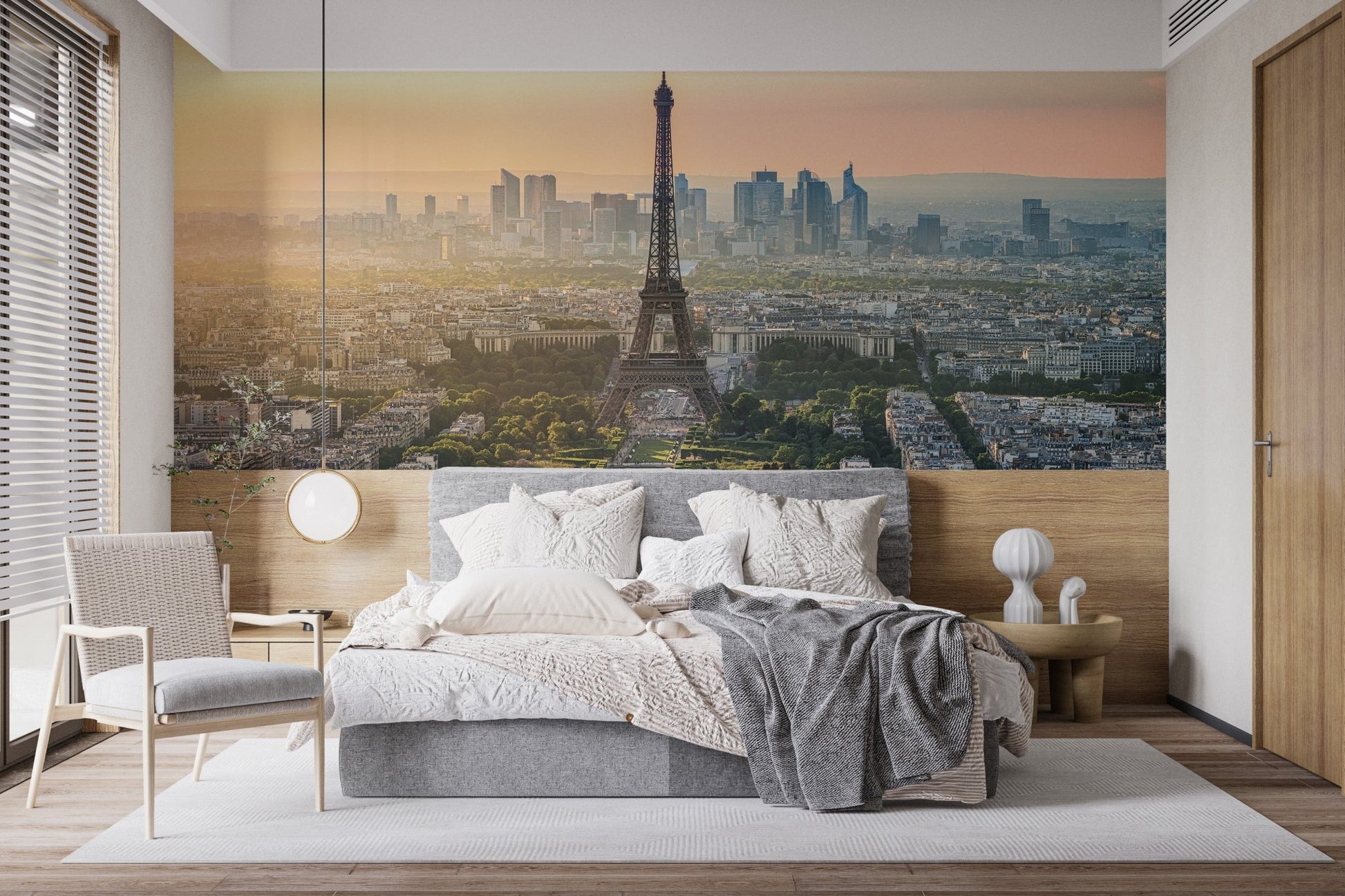 Cozy bedroom atmosphere with a Charming Paris Peel and Stick Mural.