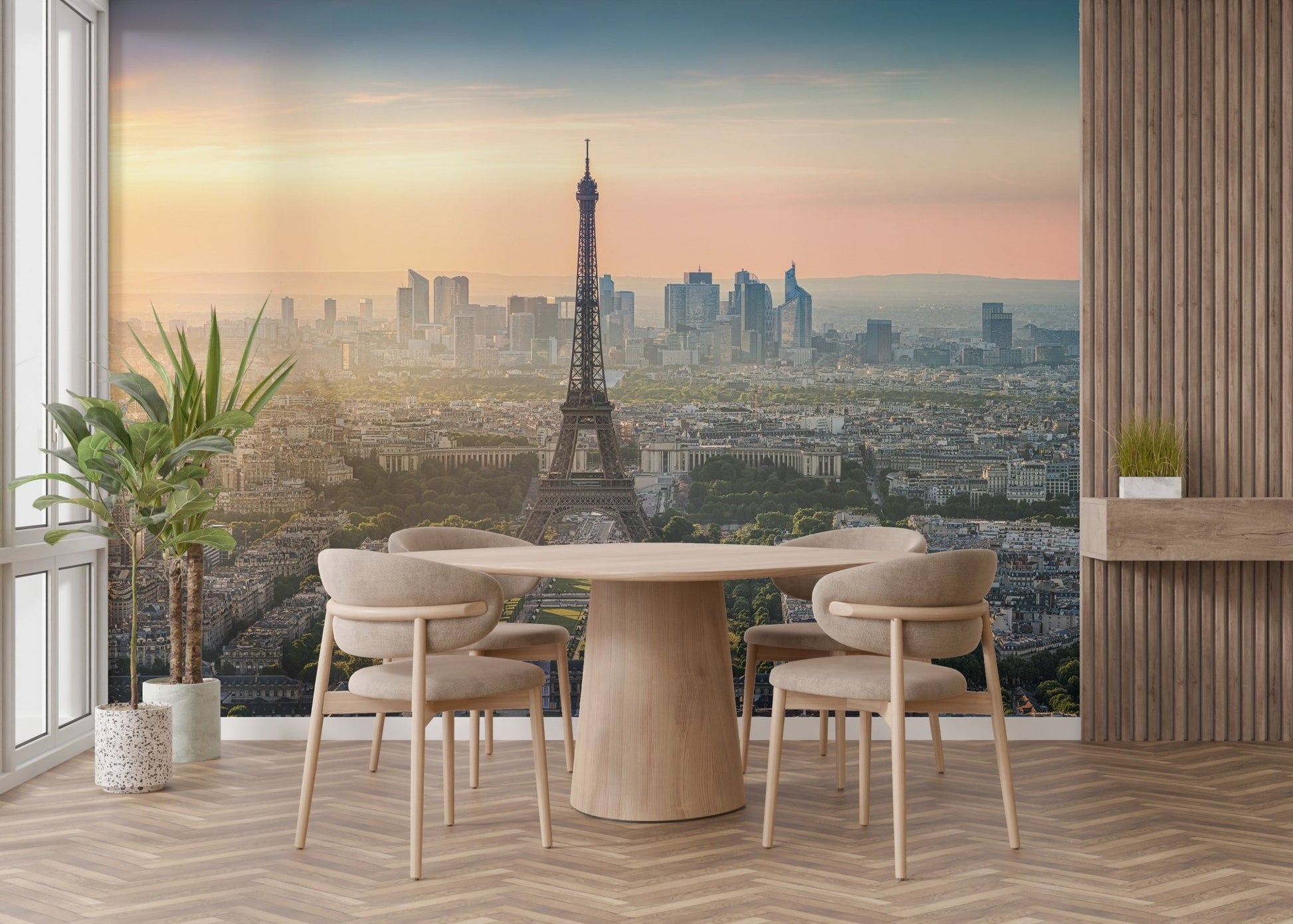 Spacious lounge area featuring a panoramic paris city wallpaper mural.