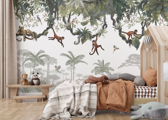 Cheeky monkeys jungle wall mural with brown monkeys swinging on vines wallpaper.