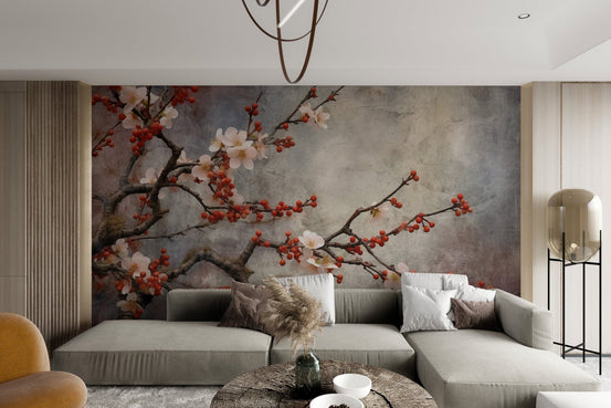 Cherry blossom branch wallpaper with white flowers and red berries on textured background.