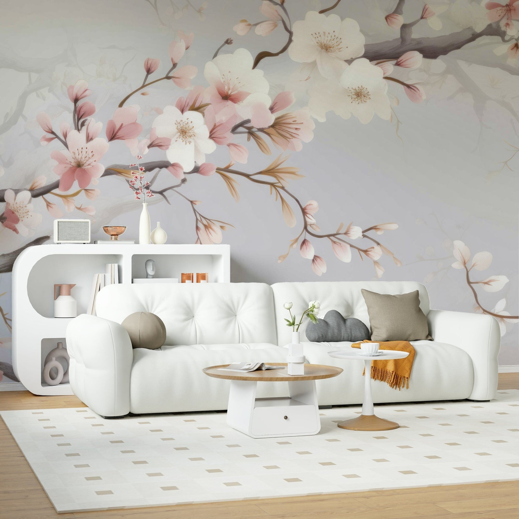 Soft pink cherry blossom wall mural for a peaceful interior vibe.