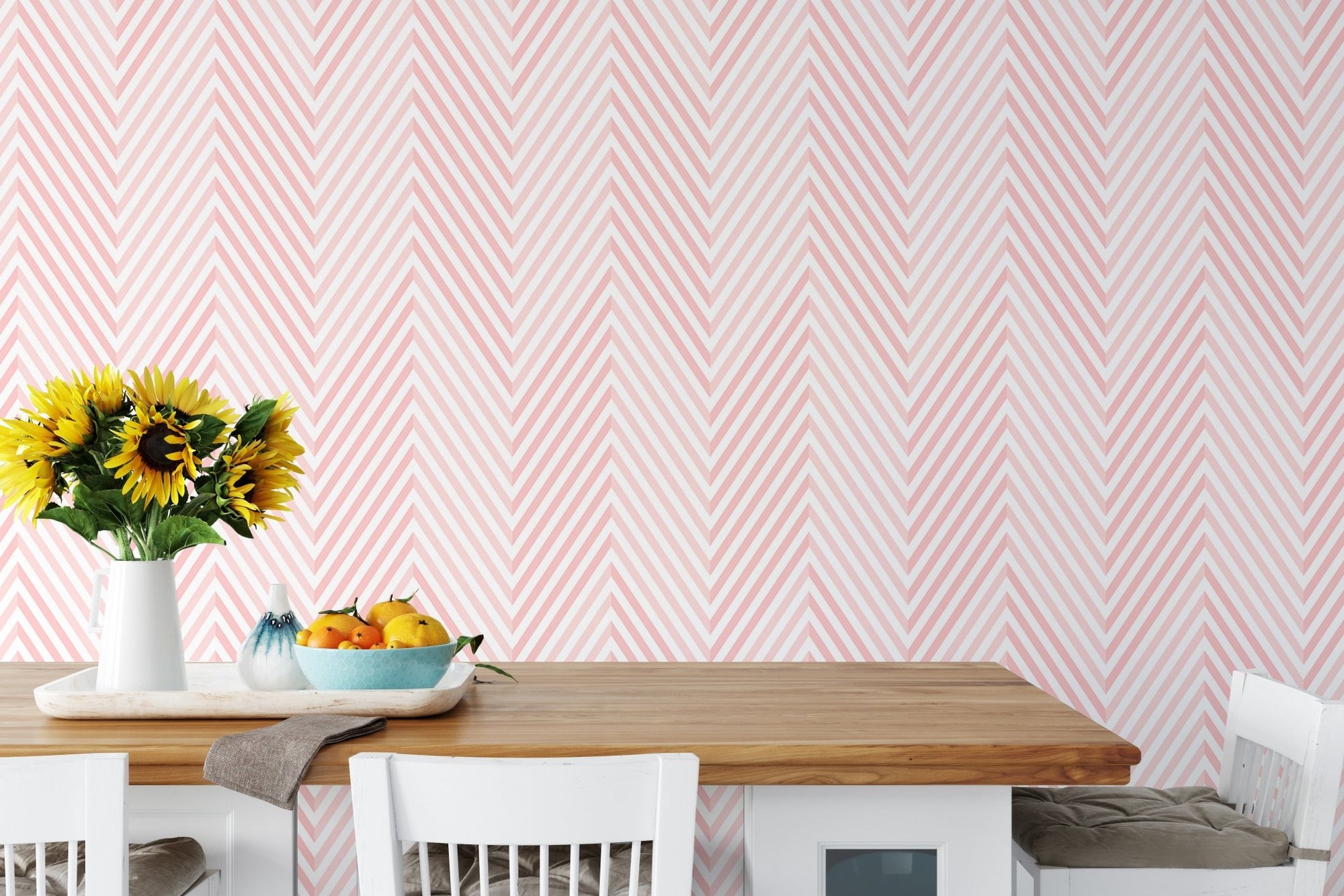 Chevron Pink and White Geometric Vector Wallpaper on a dining room wall.