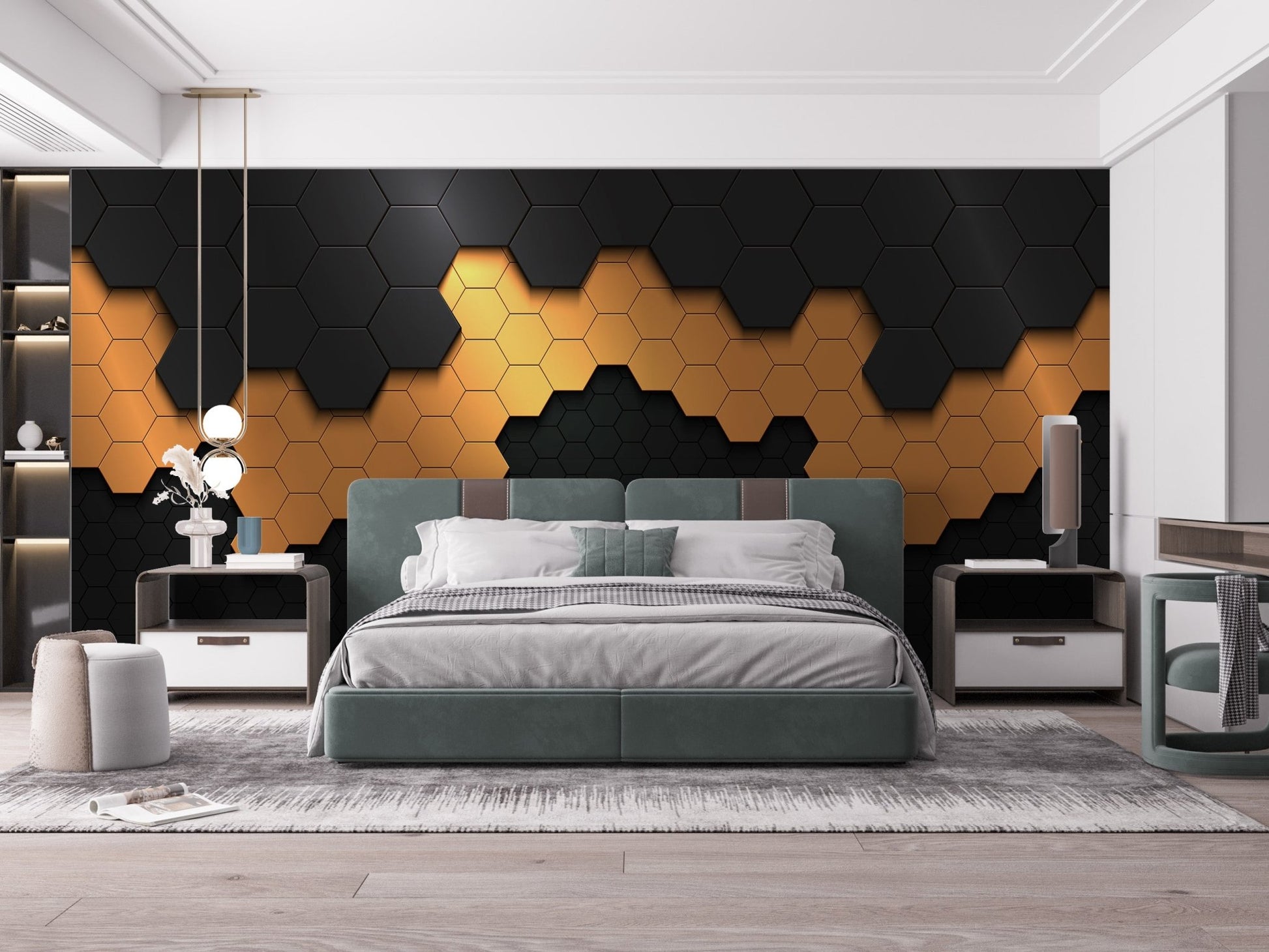 Contemporary black gold wallpaper with 3D panel effect.