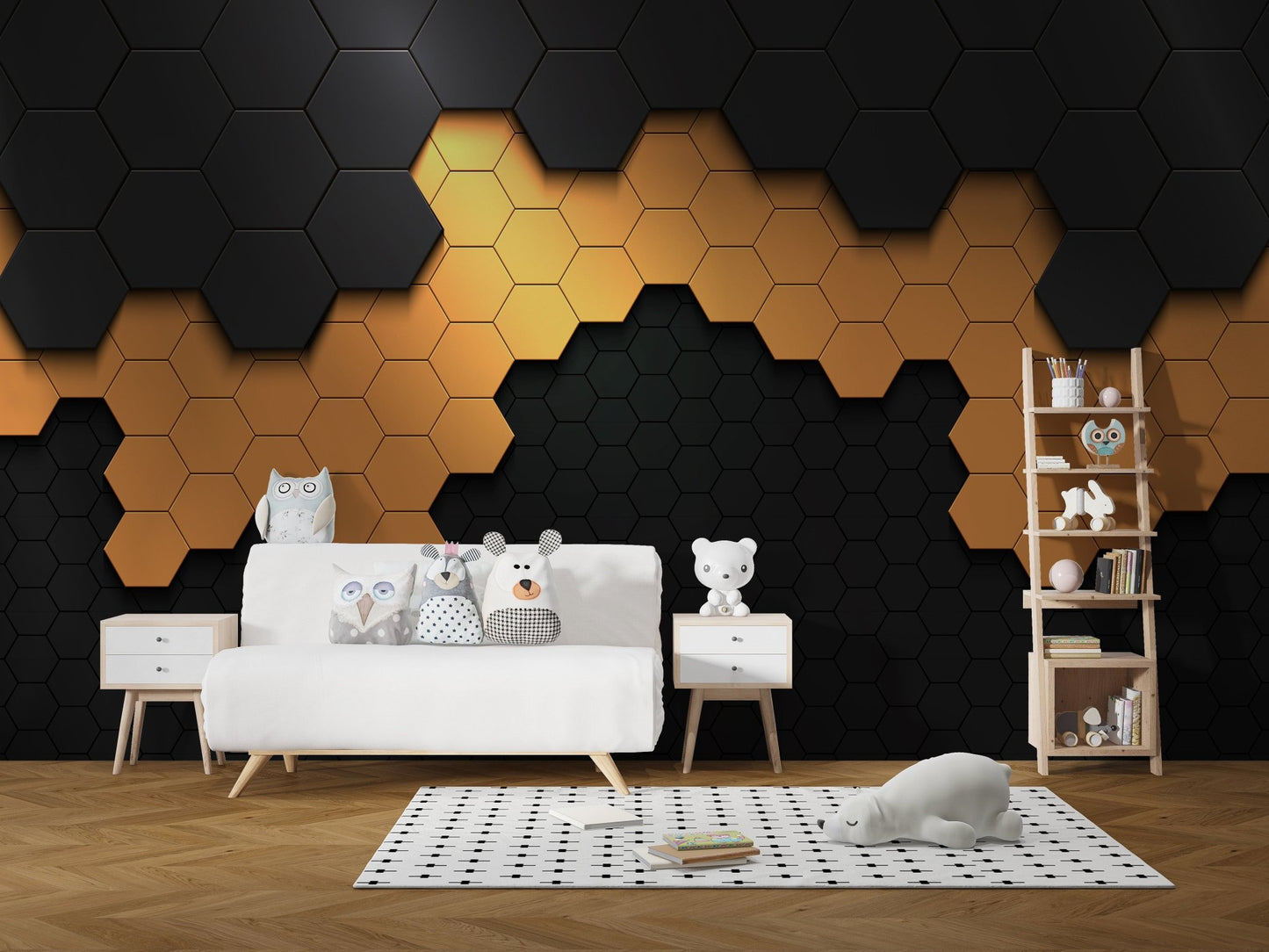 Matte black and gold wall mural geometric texture design.