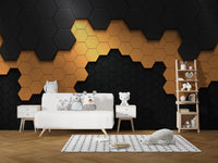 Matte black and gold wall mural geometric texture design.