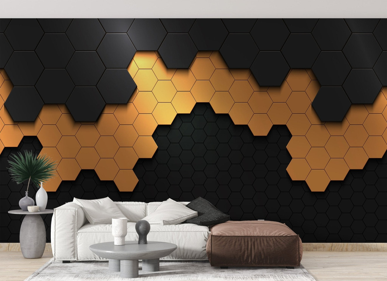 Chic black gold wall mural hexagon pattern wallpaper in matte finish.