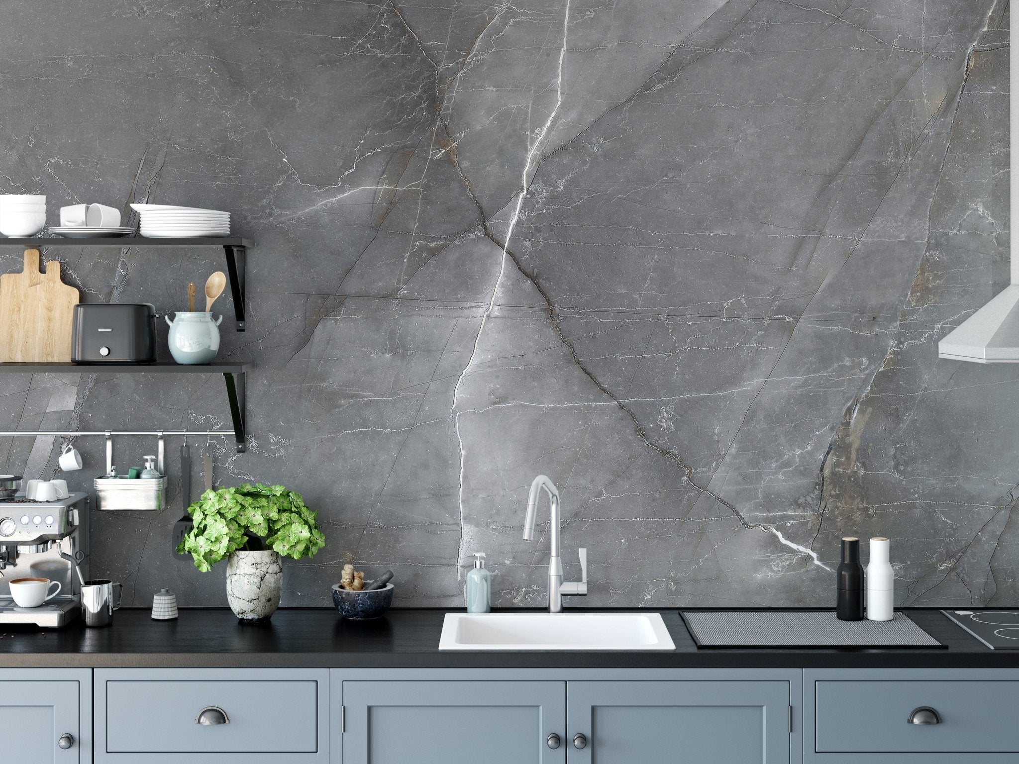 Chic marble texture wallpaper mural in smoky gray tones.