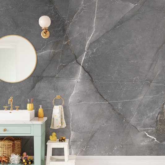 Gray veined marble wallpaper with natural stone wall mural finish.