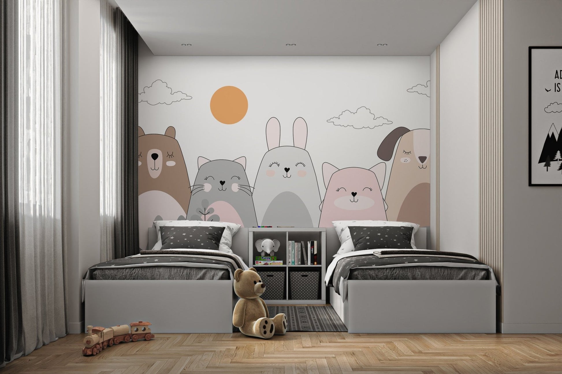 Charming wall mural featuring cute animal characters