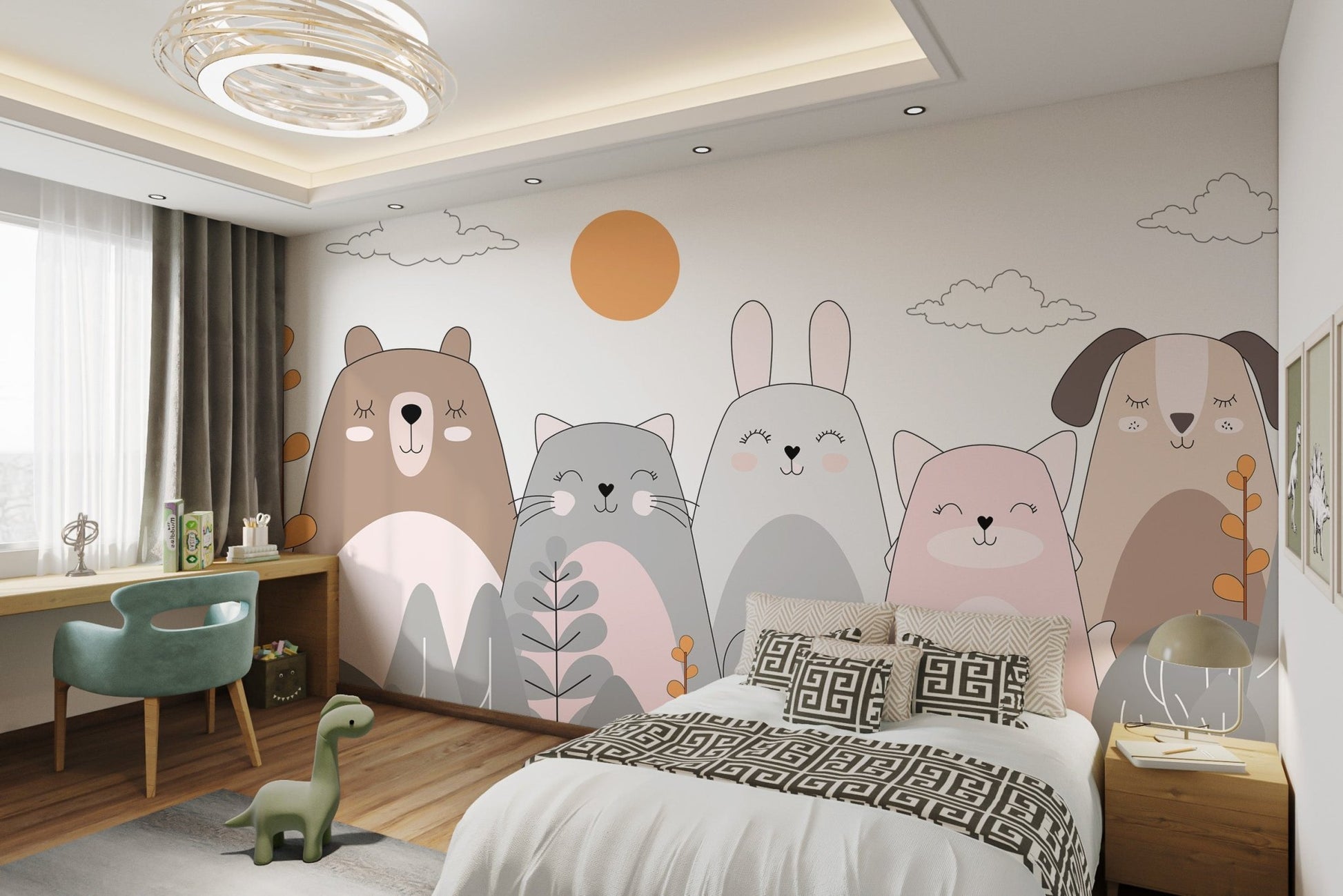 Delightful wall mural with playful animal illustrations