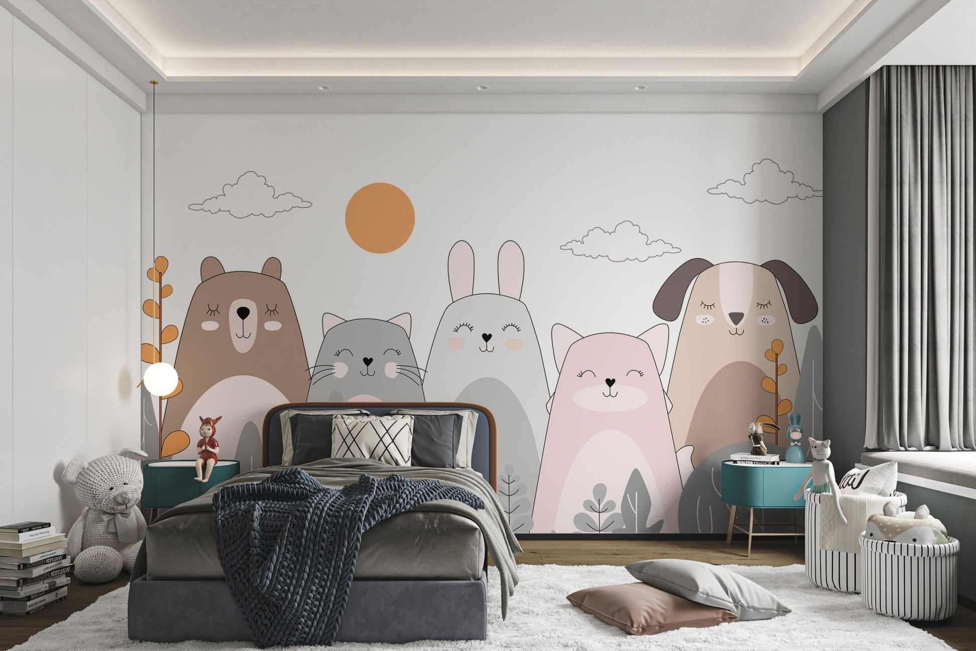 Whimsical animal art mural for kids' room decor