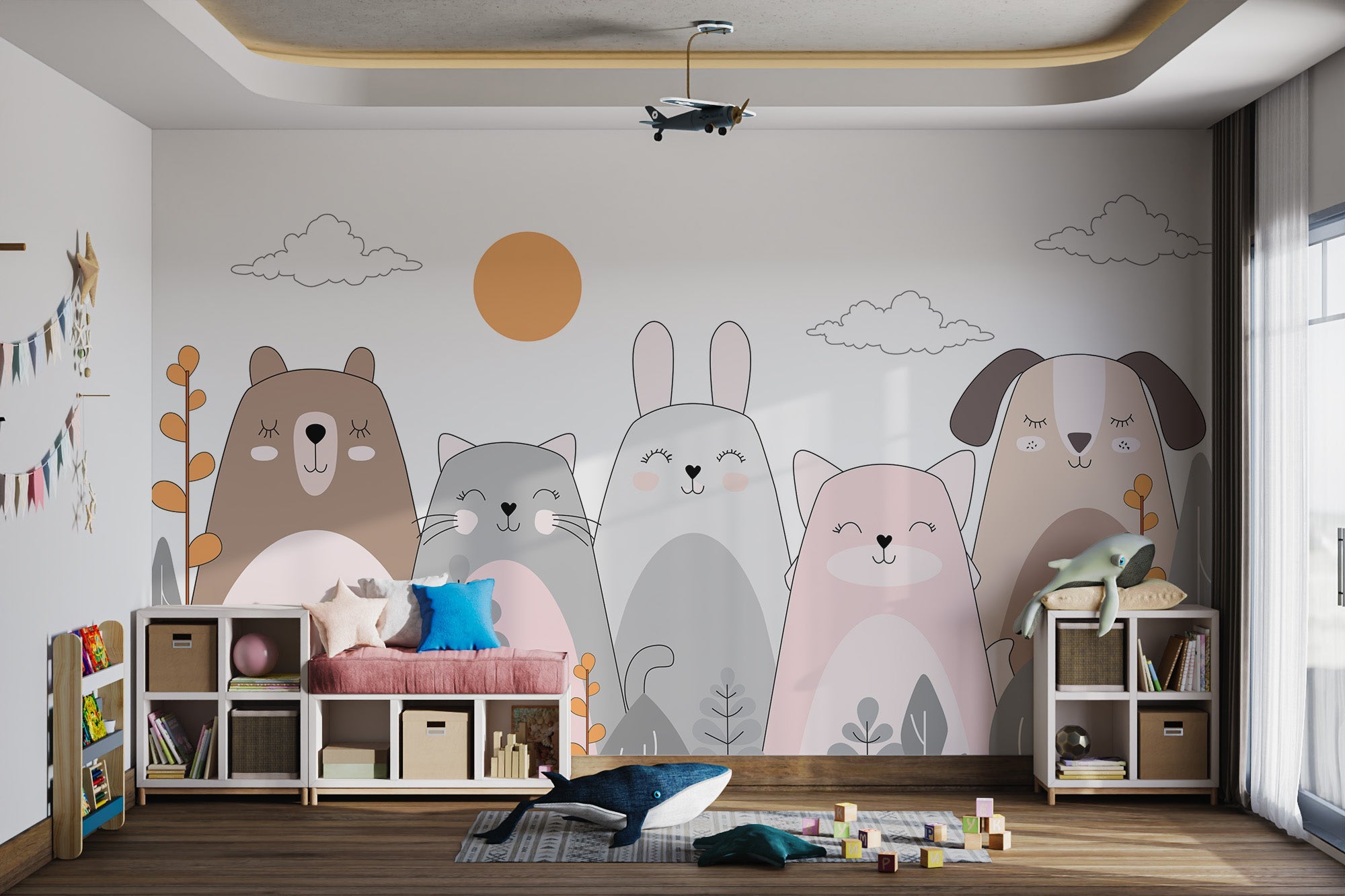 Adorable animal-themed wall mural for kids' rooms.
