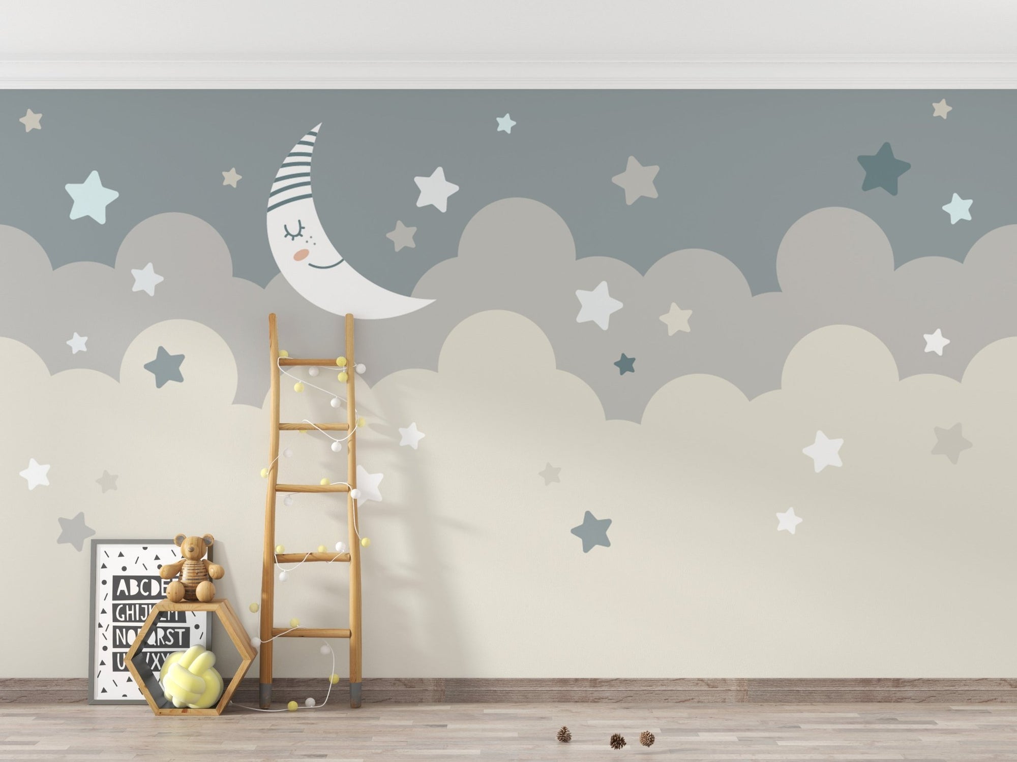 Children's Galactic Starry Fantasy Murals with crescent moon and stars in a nursery.