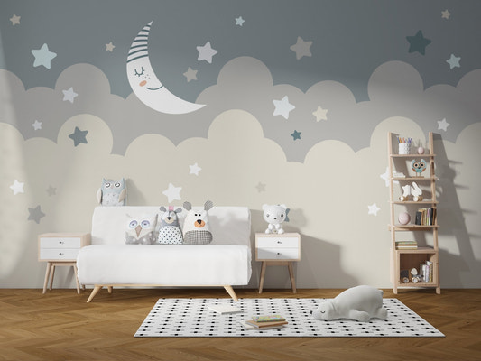 Grey and beige fantasy pattern wall mural behind a white toddler bed and wooden ladder.