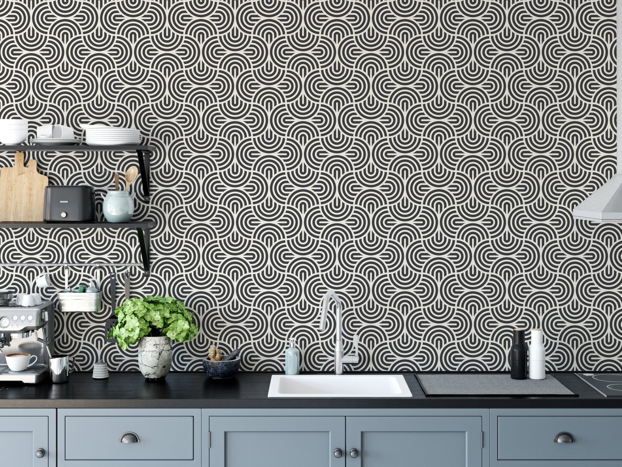Kitchen backsplash with grey Chinese Spiral Patterns Wallpaper.