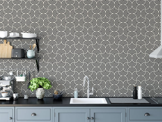 Kitchen backsplash with grey Chinese Spiral Patterns Wallpaper.