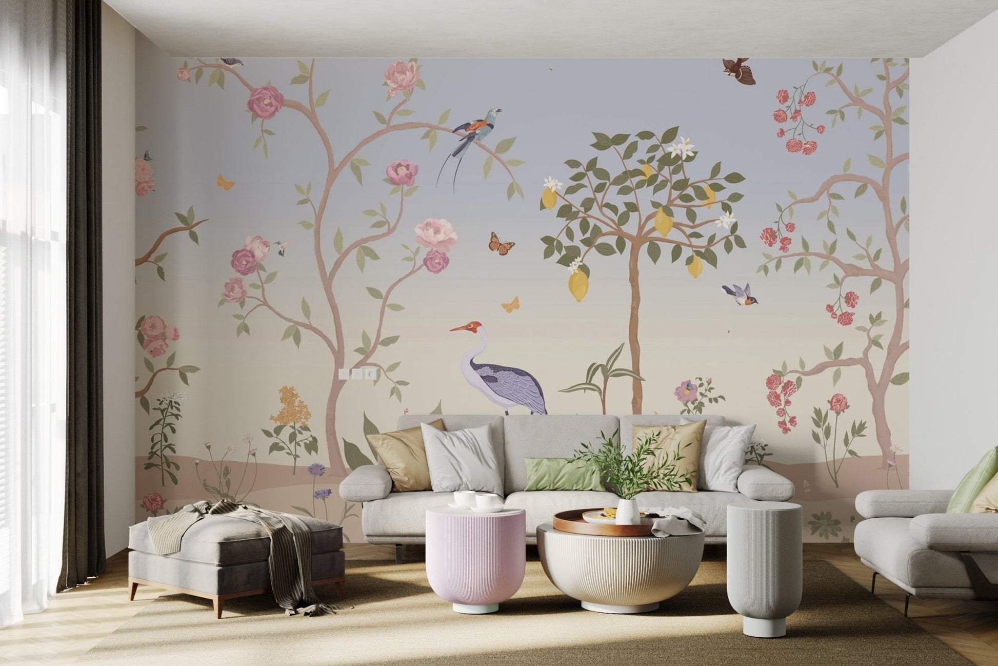 Nature inspired garden mural with birds and butterflies for bright living room.