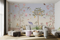 Nature inspired garden mural with birds and butterflies for bright living room.