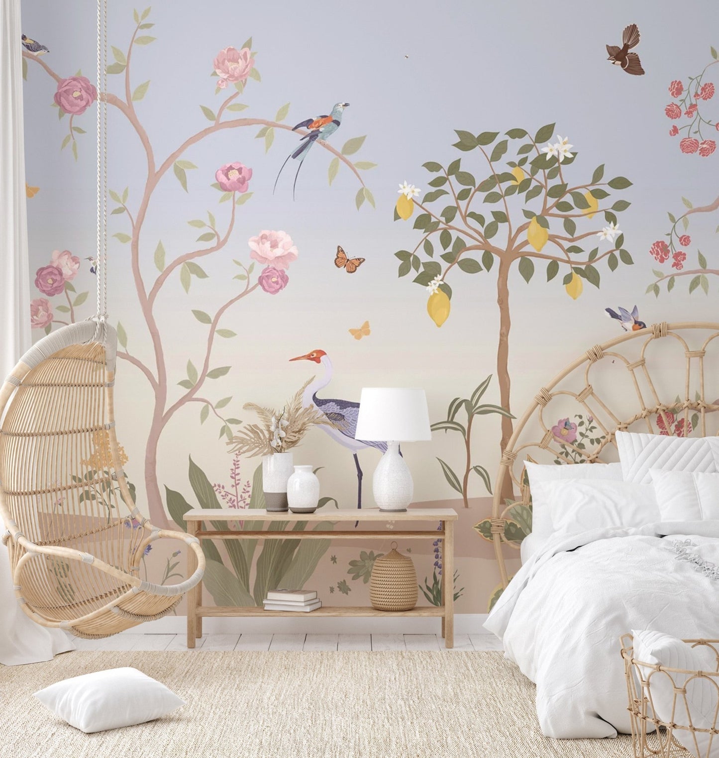 Yellow lemon tree illustration on a beige and blue garden wall mural.