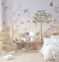 Yellow lemon tree illustration on a beige and blue garden wall mural.