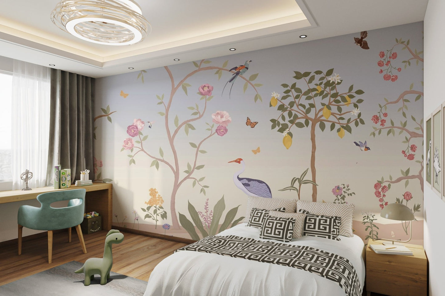 Tall flowering trees and small meadow garden wall mural for kids bedroom.