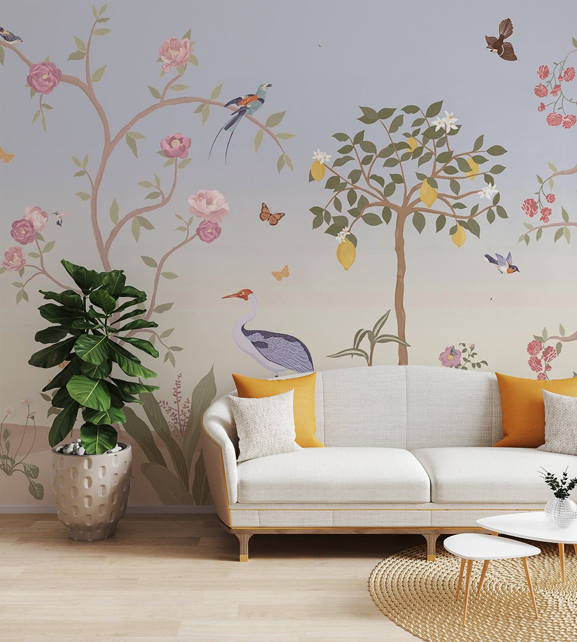 Pink peony trees and flying butterflies on a floral wall mural for home.