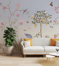 Pink peony trees and flying butterflies on a floral wall mural for home.
