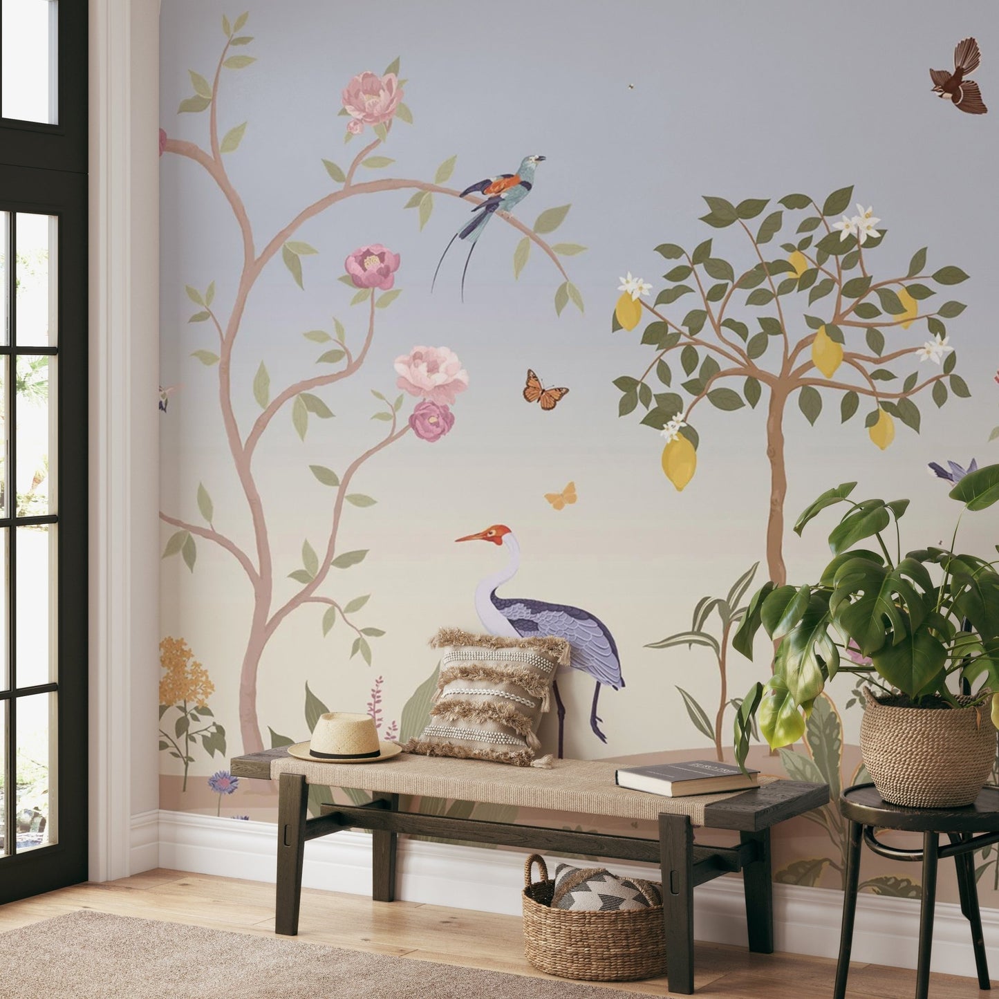 Vintage style garden scene with birds and roses on a large wall mural.