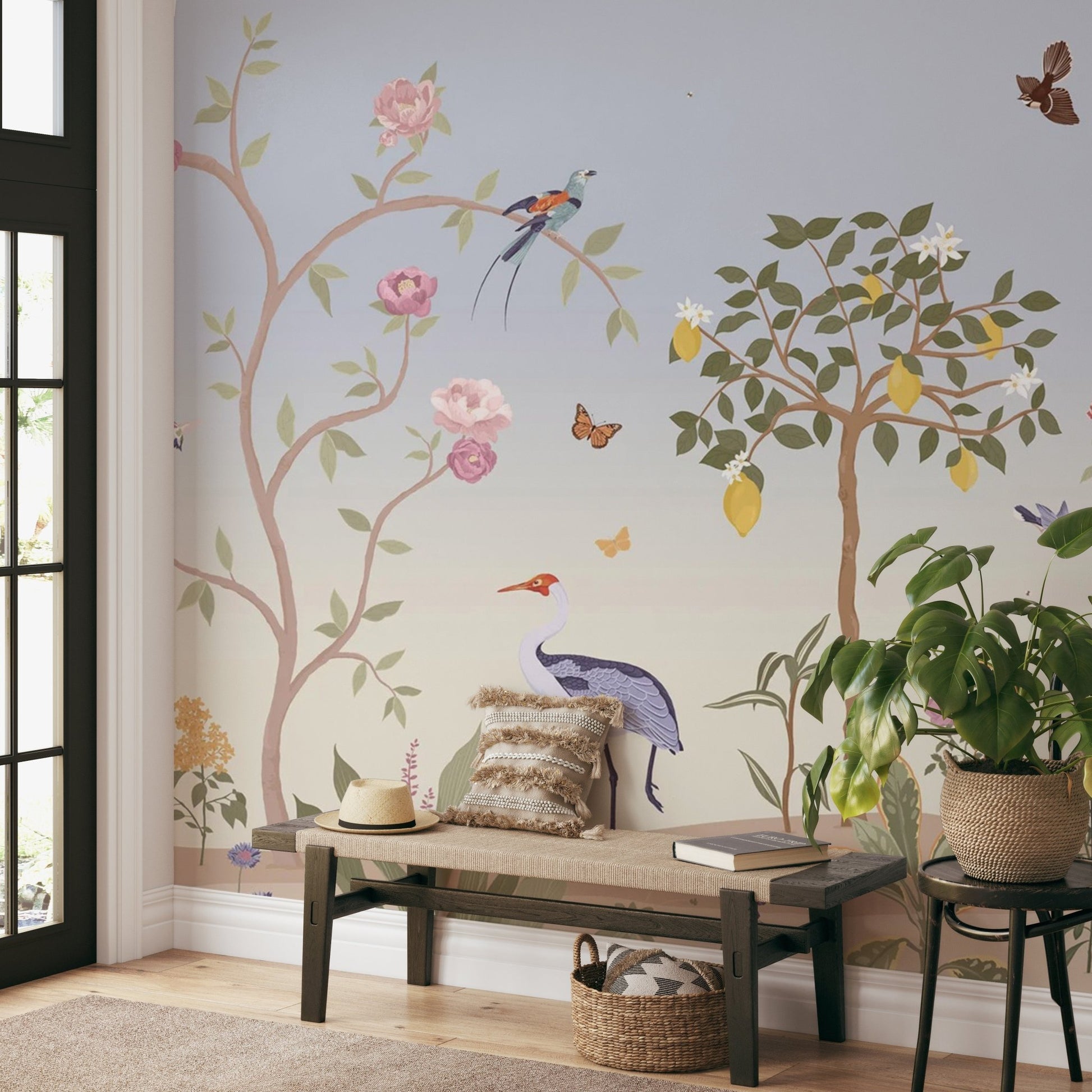 Vintage style garden scene with birds and roses on a large wall mural.