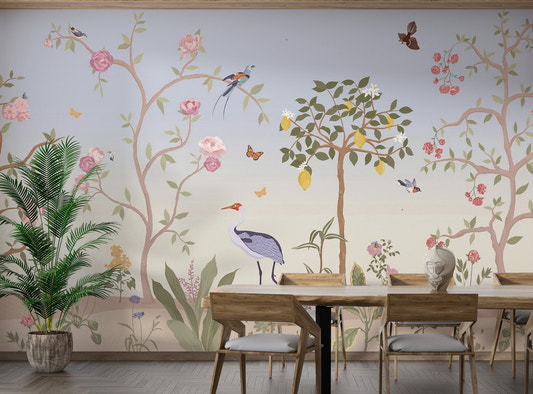 Hand-painted crane bird on Chinoiserie Spring Garden Mural for dining room.