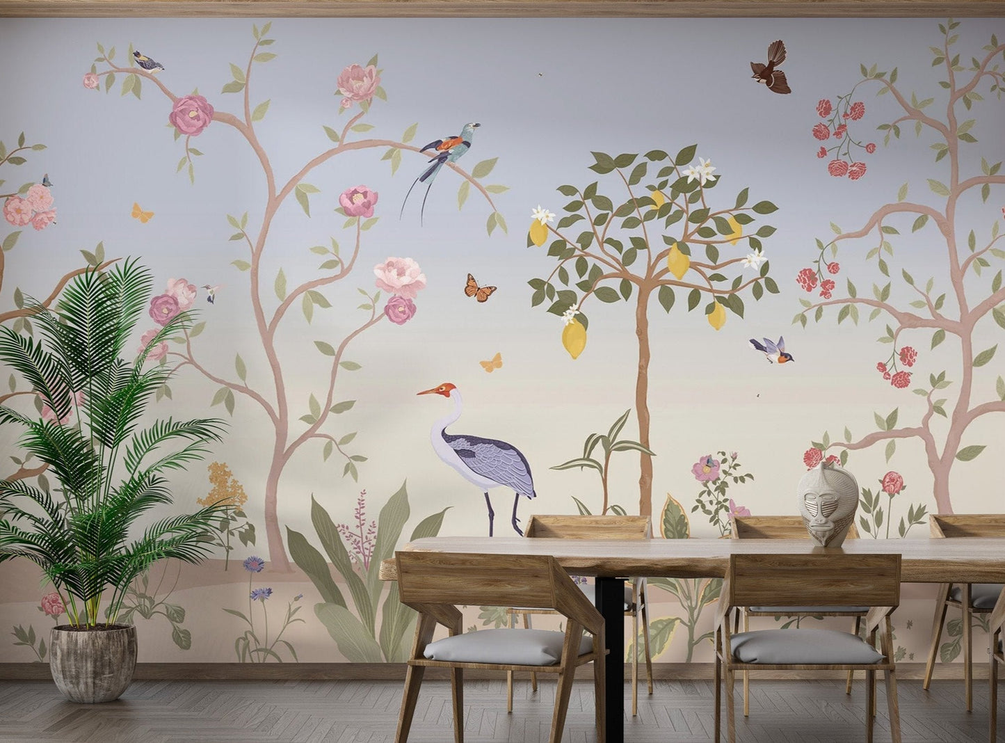 Hand-painted crane bird on Chinoiserie Spring Garden Mural for dining room.