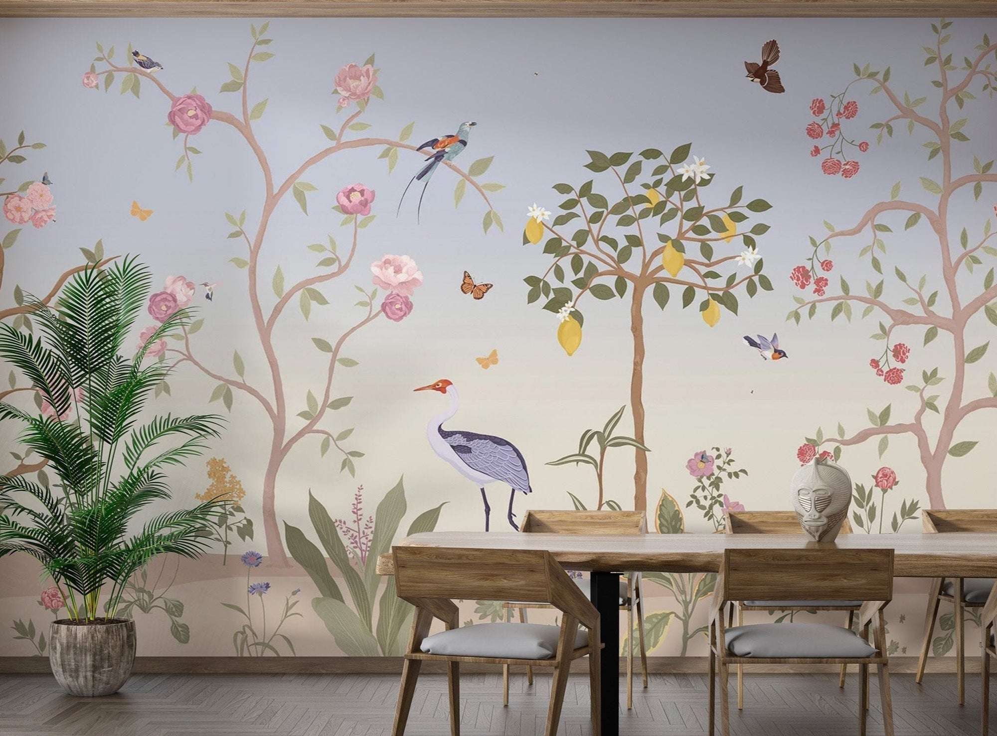 Hand-painted crane bird on Chinoiserie Spring Garden Mural for dining room.