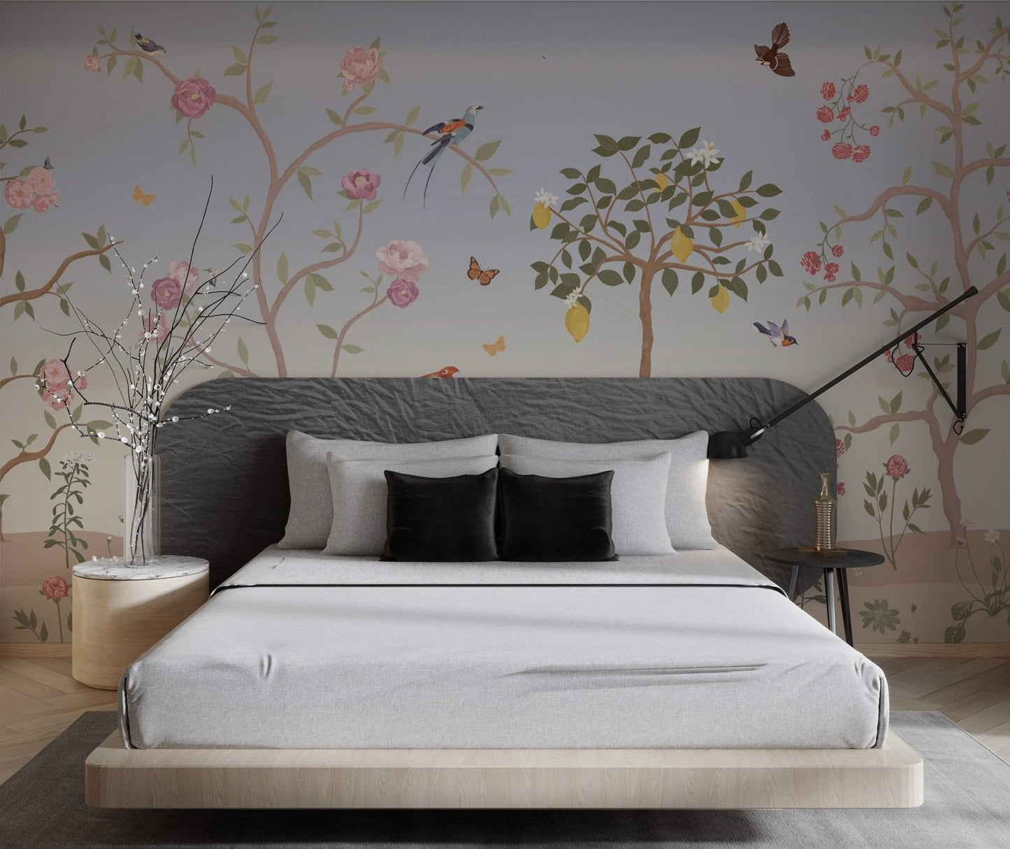 Large grey crane standing among garden shrubs wall mural for bedroom.