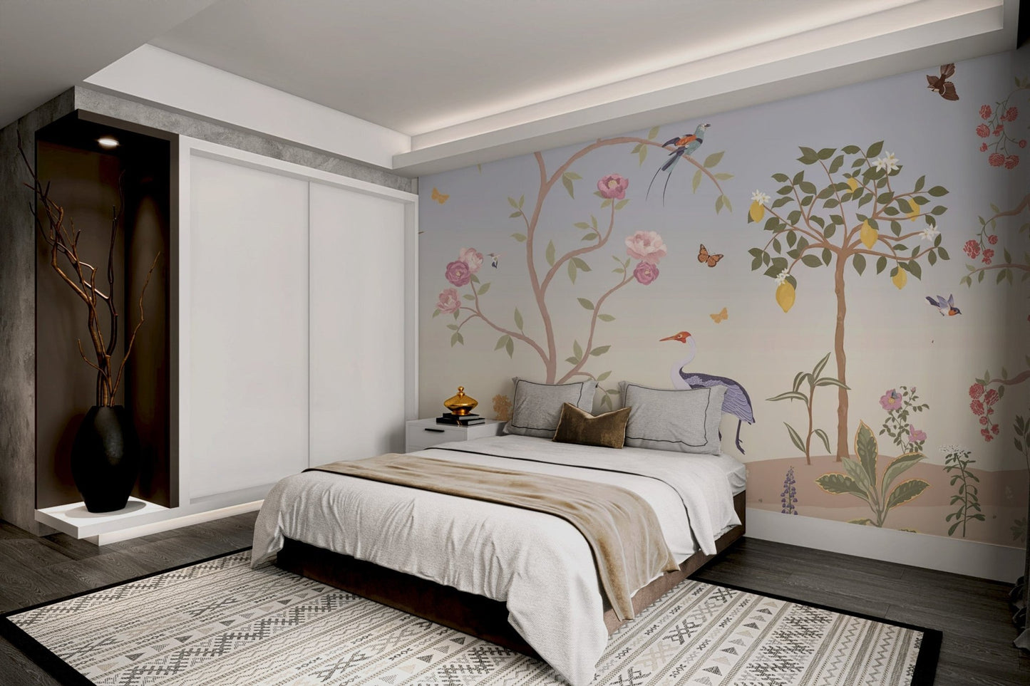 Decorative garden wall mural with various plant species for bedroom.