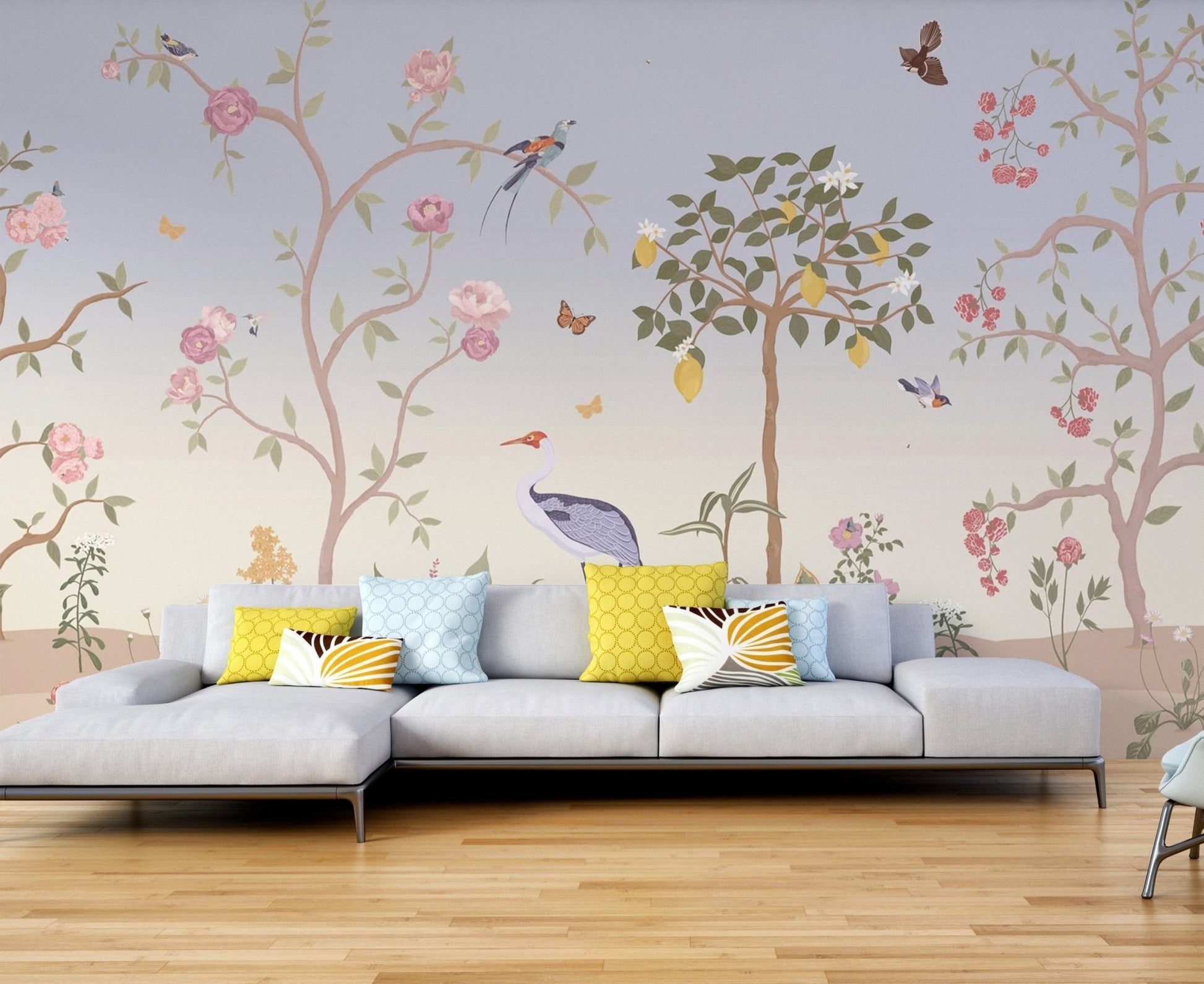Peach and pink flower blossoms on a Chinoiserie wall mural for living areas.