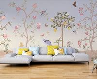 Peach and pink flower blossoms on a Chinoiserie wall mural for living areas.