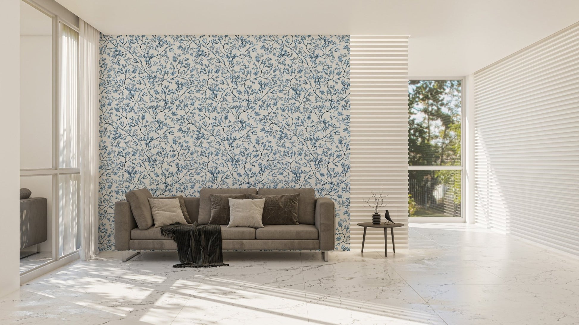 Chinoiserie wild flower wallpaper in a large living room with a grey sofa