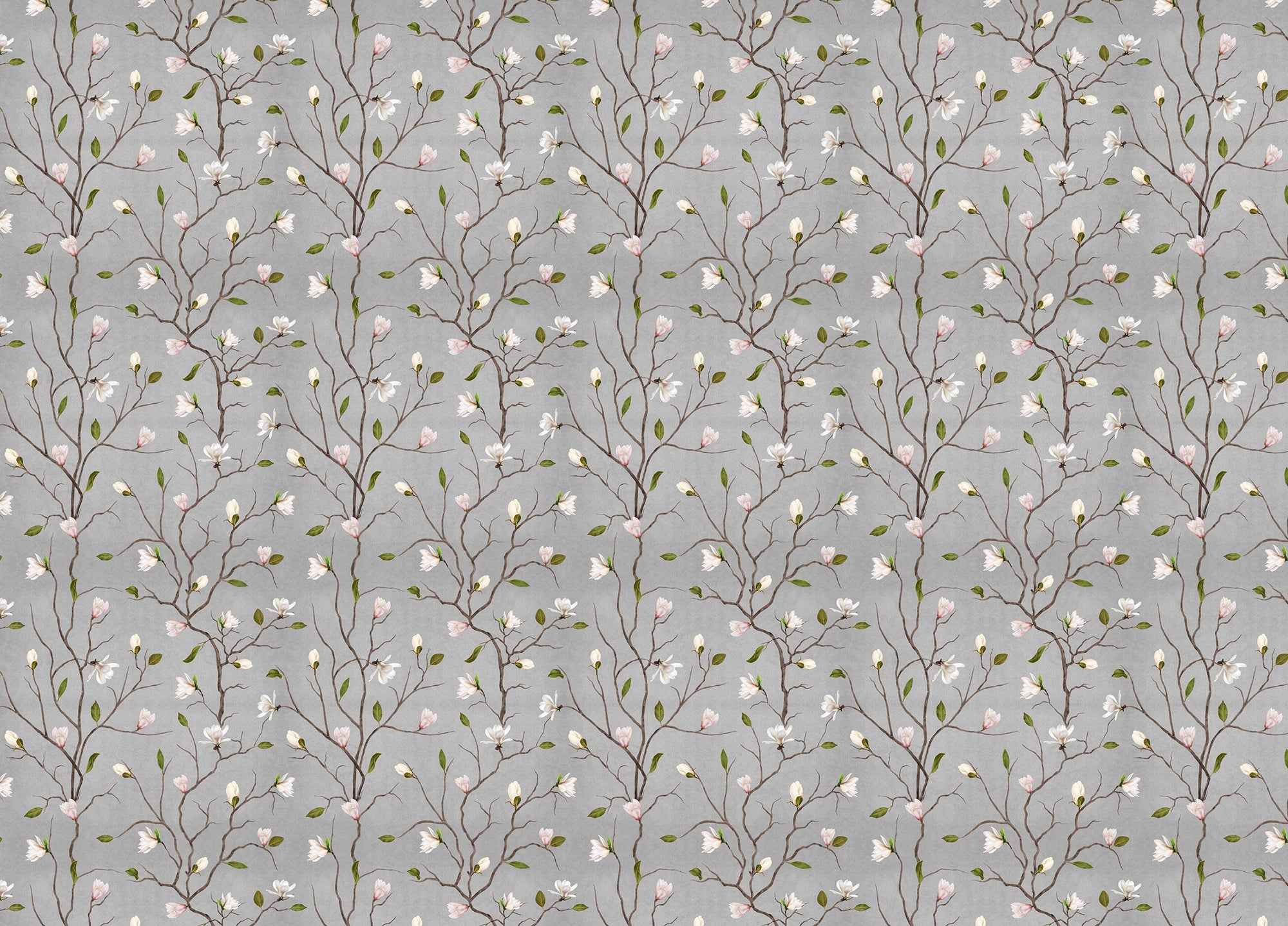 Grey Chinoiserie Pattern Magnolia Tree Flower Wallpaper
