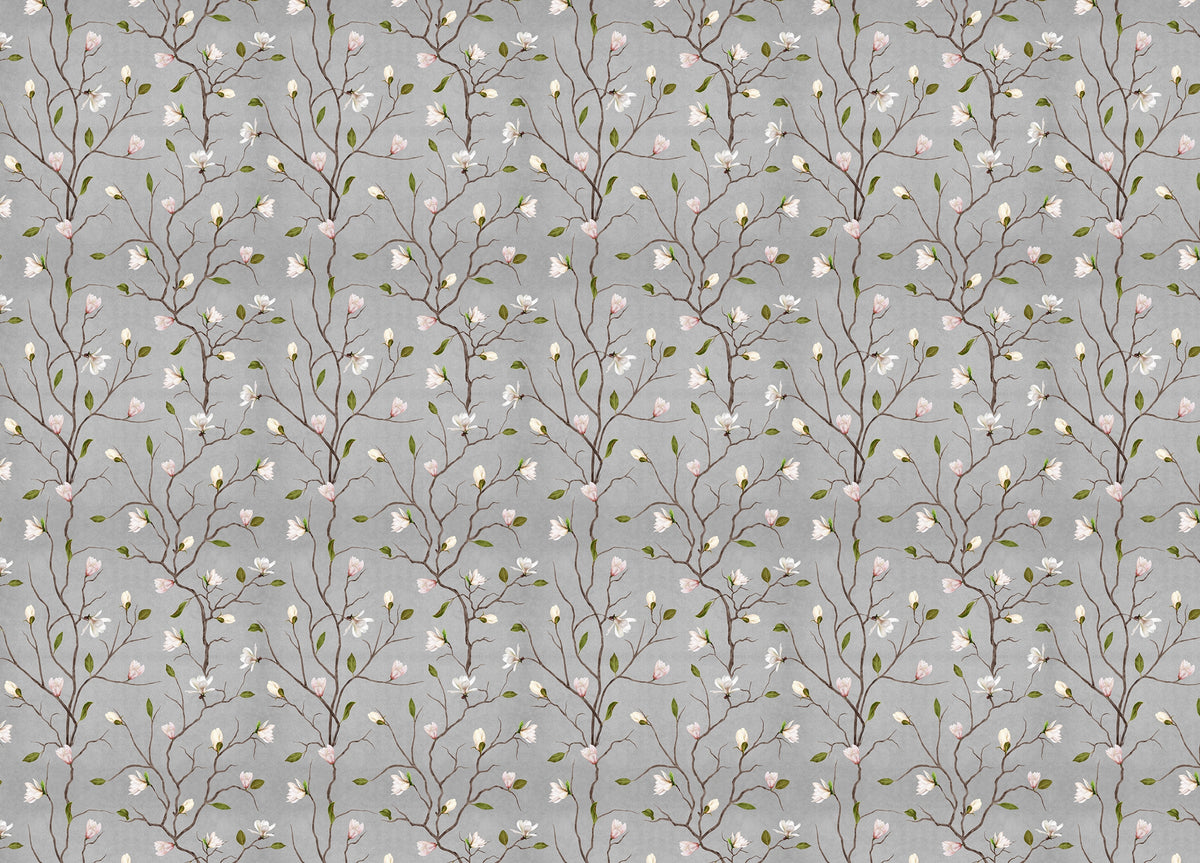 Grey Chinoiserie Pattern Magnolia Tree Flower Wallpaper in your room — zoomed