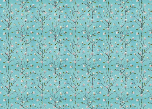 Turquoise Background Chinoiserie Magnolia Tree Flower Wallpaper