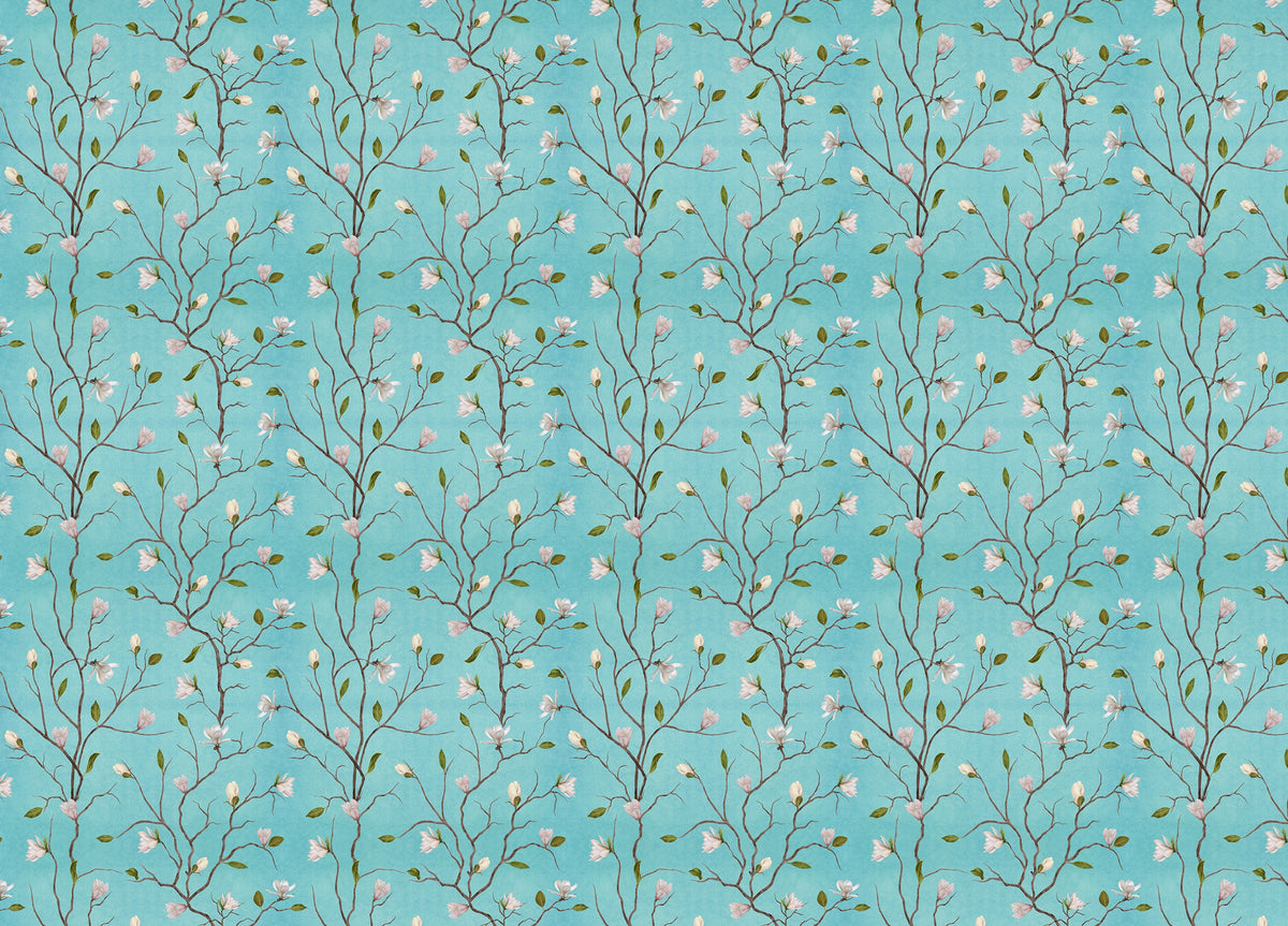 Turquoise Background Chinoiserie Magnolia Tree Flower Wallpaper in your room — zoomed