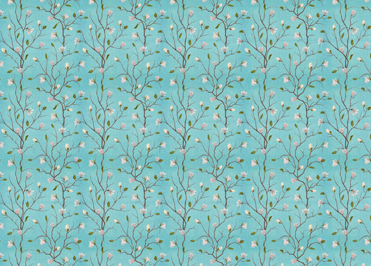 Turquoise Background Chinoiserie Magnolia Tree Flower Wallpaper