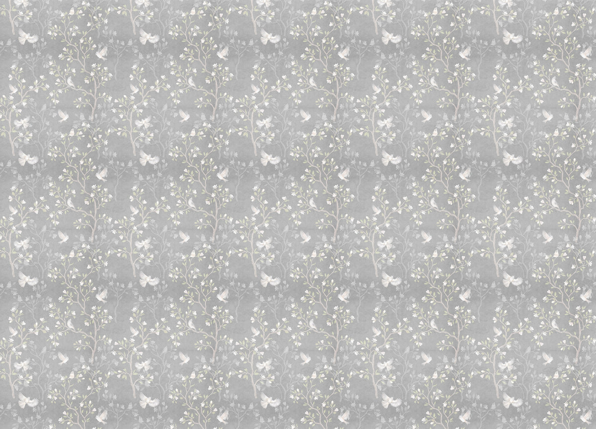Grey Color Chinoiserie Design Magnolia Tree Birds Wallpaper in your room — zoomed